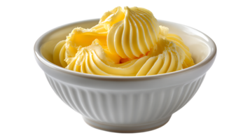 A white ceramic bowl filled with soft yellow butter swirls and piped frosting isolated on transparent background png