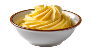 A swirl of creamy yellow butter artfully piped into a white ceramic bowl with a brown rim isolated on transparent background png