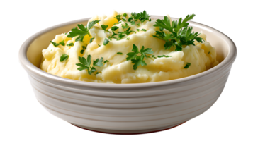 Creamy mashed potatoes generously garnished with fresh parsley leaves in a rustic bowl isolated on transparent background png