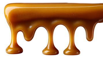 Rich golden caramel sauce with shimmering highlights dripping in elegant strands isolated on transparent background png