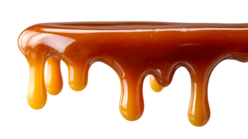 Rich liquid caramel sauce dripping in glossy strands isolated on transparent background for culinary design png