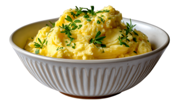 Creamy mashed potatoes generously garnished with fresh green herbs in a rustic bowl isolated on transparent background png