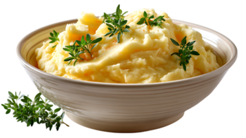 Creamy mashed potatoes with fresh thyme garnish in a rustic bowl isolated on transparent background png