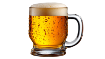 A refreshing glass mug filled with golden amber beer and a frothy white head isolated on transparent background png