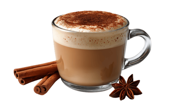 ein warm und schaumig Latté im ein klar Glas Becher abgestaubt mit Zimt Pulver begleitet durch Zimt Stöcke und Star Anis isoliert auf transparent Hintergrund png