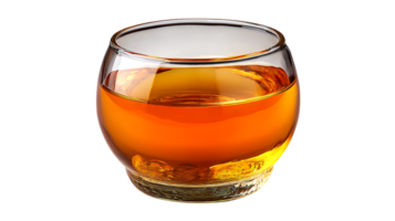 A close up of a glass tumbler filled with amber colored liquid and ice cubes isolated on transparent background png
