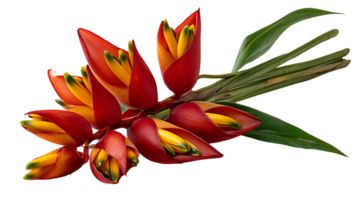 Vibrant heliconia flower cluster with red and yellow petals and green leaves isolated on transparent background png