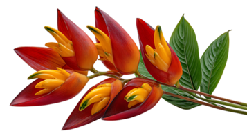 Vibrant heliconia flower cluster with yellow blooms and red bracts isolated on transparent background png