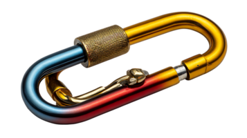 Detailed view of a multi colored climbing carabiner with a screw gate and textured locking mechanism isolated on transparent background png