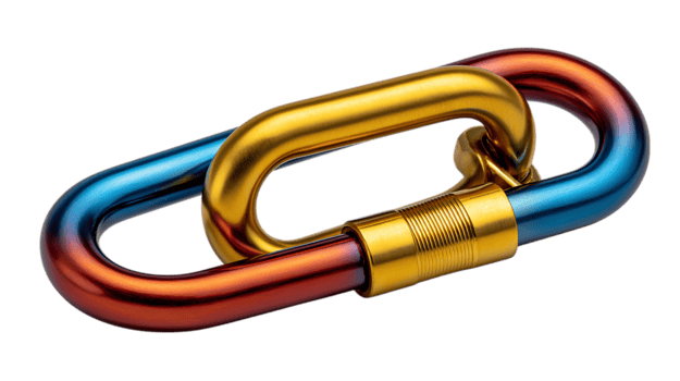 Due incastro arrampicata moschettoni con un' pendenza colore schema di blu rosso e oro isolato su trasparente sfondo png