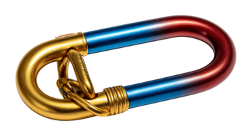 Close up of a metallic climbing carabiner with a gold gate and a blue to red gradient body isolated on transparent background png