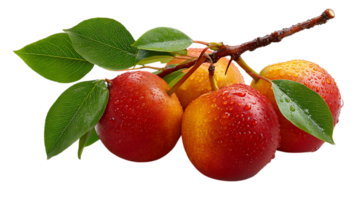 A cluster of ripe red and yellow pears with water droplets on a branch with green leaves isolated on transparent background png