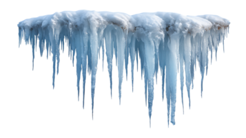 A formation of sharp translucent blue icicles hanging from a snowy ledge isolated on transparent background png