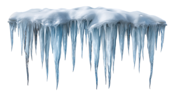 A formation of sharp blue icicles hanging from a snow covered ledge isolated on transparent background png