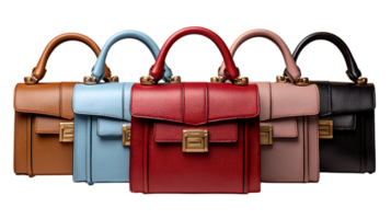 Collection of five textured leather handbags in various colors with gold hardware isolated on transparent background png