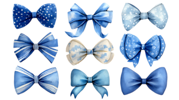 Collection of nine watercolor blue bows with various patterns and textures isolated on transparent background png