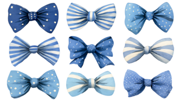 Collection of nine watercolor blue bow ties with polka dot and striped patterns isolated on transparent background png