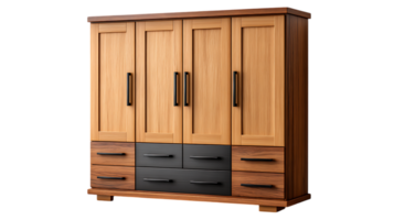 Modern four door wardrobe with contrasting drawer units and black handles isolated on transparent background png