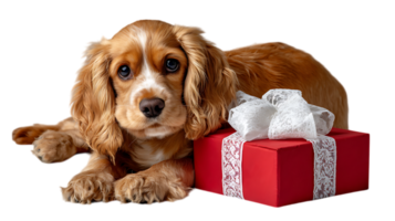 Adorable cocker spaniel puppy posing with a red gift box and white lace bow isolated on transparent background png