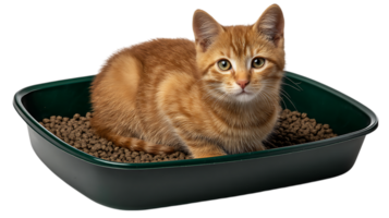 Adorable orange tabby kitten sitting in a green litter box filled with clumping cat litter isolated on transparent background png