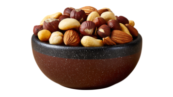A rustic bowl filled with a generous assortment of mixed nuts including hazelnuts almonds and cashews isolated on transparent background png