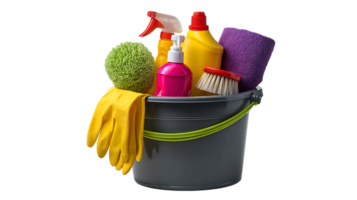 A gray cleaning bucket filled with yellow gloves a green scrub brush pink soap dispenser yellow spray bottle and a purple towel isolated on transparent background png