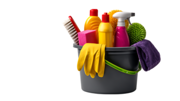 A dark gray bucket filled with assorted cleaning supplies including gloves and brushes isolated on transparent background png