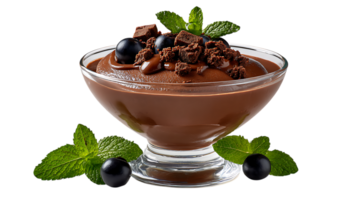 Decadent chocolate mousse dessert with berries and mint leaves isolated on transparent background png