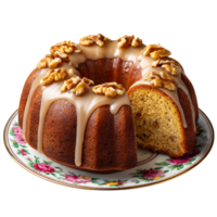 Deliciously glazed walnut bundt cake with a slice removed showing the moist interior isolated on transparent background png