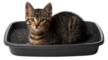Adorable tabby kitten sitting in a clean litter box with dark litter isolated on transparent background png