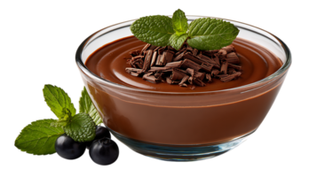 Rich chocolate mousse dessert in a glass bowl garnished with chocolate shavings and fresh mint leaves with blueberries isolated on transparent background png