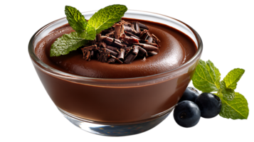 Rich chocolate mousse dessert garnished with mint leaves and chocolate shavings isolated on transparent background png