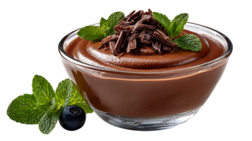 Rich chocolate mousse dessert in a glass bowl garnished with chocolate shavings mint leaves and a blueberry isolated on transparent background png