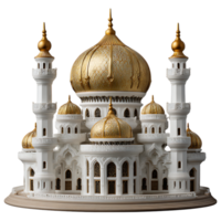 Magnificent white mosque with intricate golden domes and minarets isolated on transparent background png