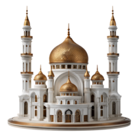 Magnificent white and gold mosque with intricate details and golden domes isolated on transparent background png