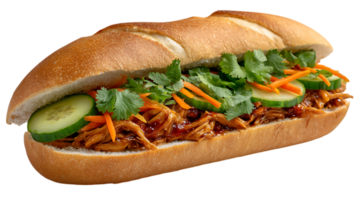 Delicious vietnamese banh mi sandwich filled with savory shredded chicken crisp cucumber slices shredded carrots and fresh cilantro isolated on transparent background png