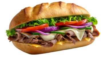 Delicious roast beef sub sandwich filled with fresh lettuce tomato onion cucumber and melted cheese isolated on transparent background png