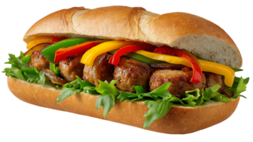 Hearty sausage and peppers sub sandwich with fresh lettuce isolated on transparent background png