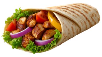 Delicious grilled chicken wrap filled with fresh lettuce tomatoes red onion and yellow pepper isolated on transparent background png