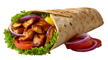 Delicious grilled chicken shawarma wrap packed with fresh lettuce tomatoes and red onion isolated on transparent background png