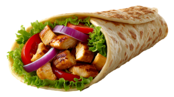 Delicious grilled chicken wrap with fresh lettuce tomato and red onion isolated on transparent background png