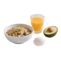 Healthy breakfast with cereal juice avocado and egg isolated on transparent png