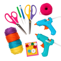 Craft supplies including scissors yarn and glue guns isolated on white png