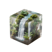 Miniature tropical waterfall landscape inside a clear cube isolated on transparent png