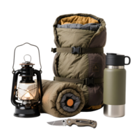 Camping gear including lantern sleeping bag knife and thermos isolated on transparent png