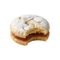 Bitten alfajor cookie with dulce de leche isolated on transparent background png