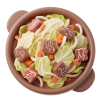 Bowl of udon noodle soup with meat and vegetables isolated on white png