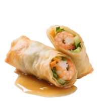 Two shrimp spring rolls isolated on transparent background with sauce png