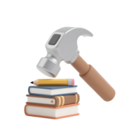 Hammer resting on a stack of books with a pencil isolated on transparent background png
