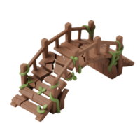 Cartoon broken wooden bridge with stairs and vines isolated on transparent background png